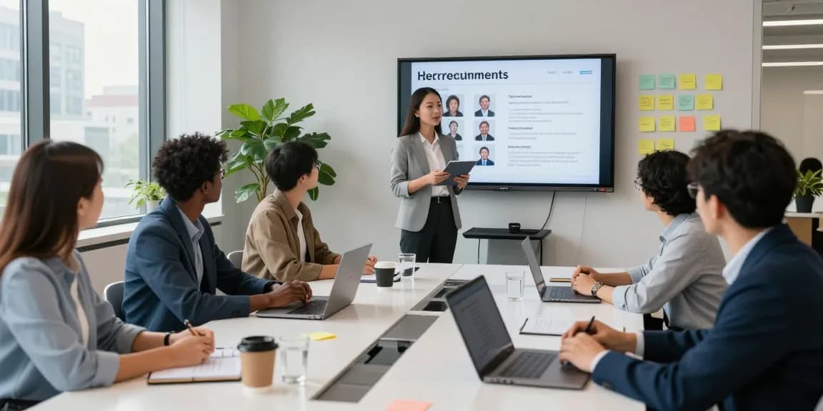 Dynamic office scene showing how to hire in Latin America with team collaboration for recruitment.