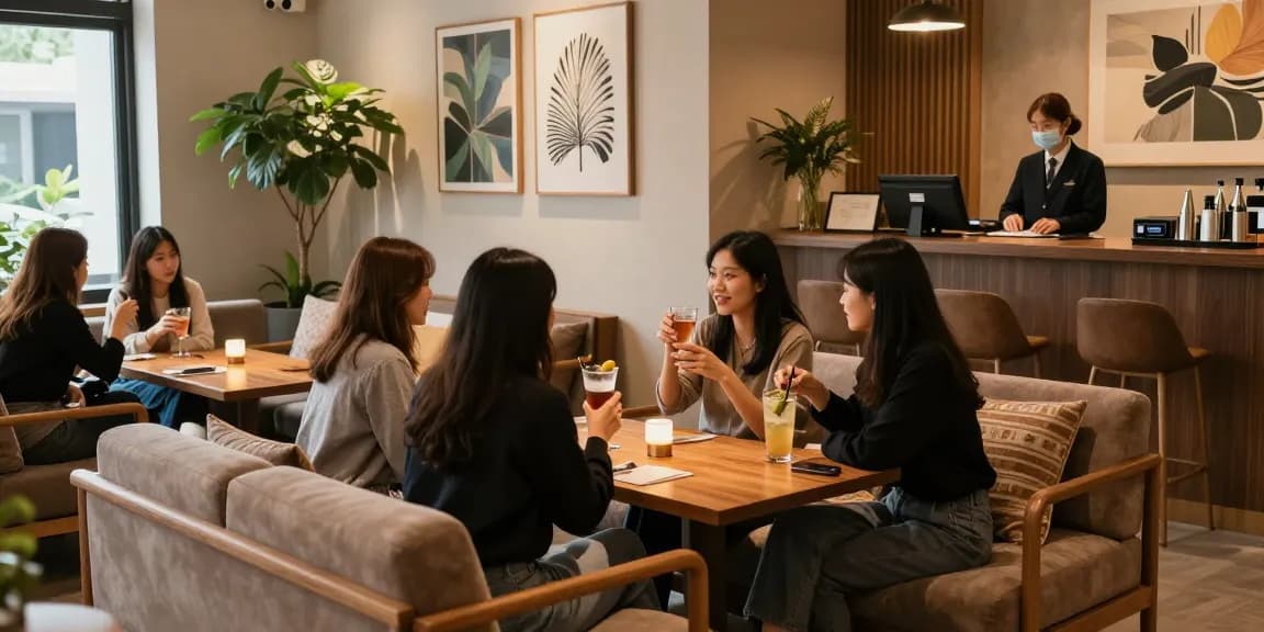 강남쩜오 멀리건의 아늑한 공간과 편안한 분위기, 친구들이 즐거운 대화를 나누는 모습