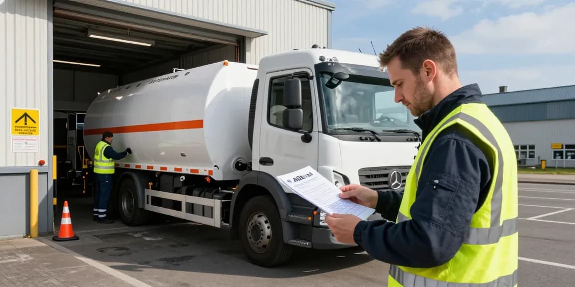 Gefahrguttransport Dortmund: Fahrer in Sicherheitskleidung bei der Überprüfung von Transportdokumenten an der Ladestation.