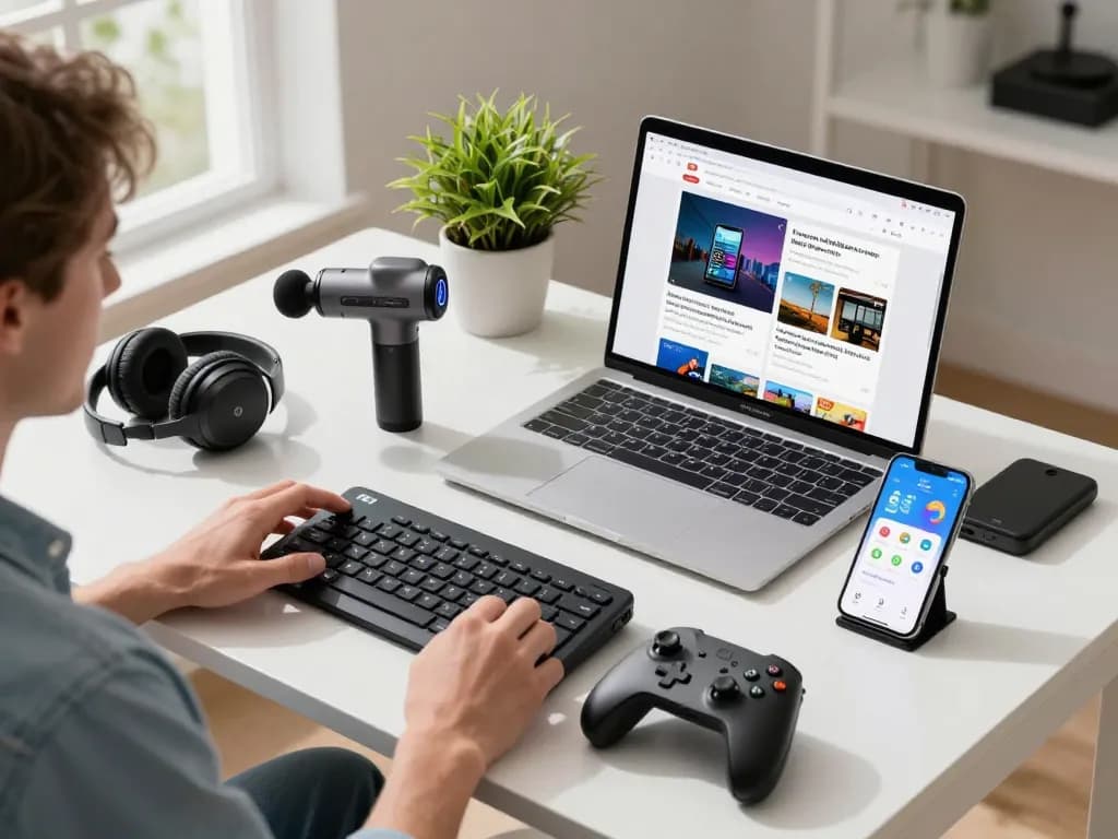 Engaged user exploring unique tech gadgets including Bluetooth controllers and keyboards in modern workspace.