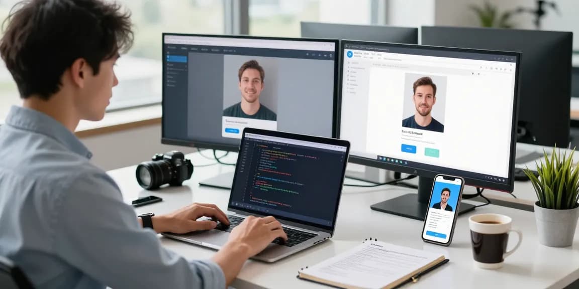 Age verification system integration scene showing a software engineer developing biometric solutions in a modern office.