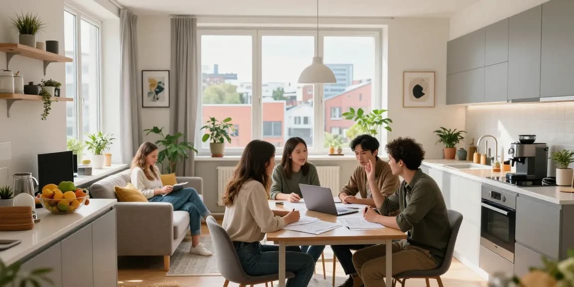 Monteurwohnung Hannover - Gemütliches Wohnzimmer mit Arbeitsbereich und Stadtblick