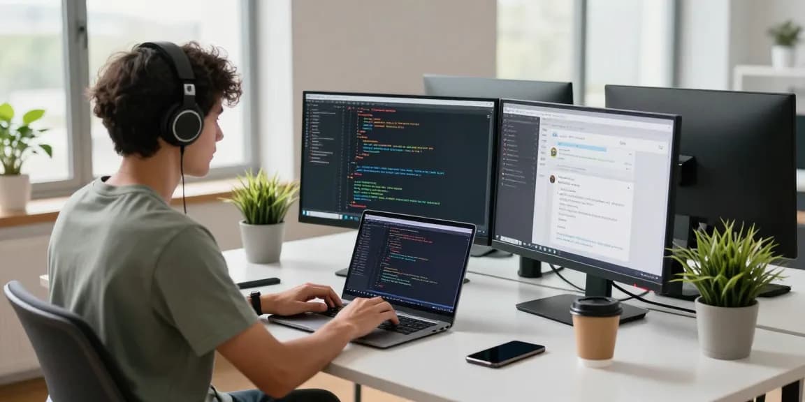 Developer coding in modern workspace, highlighting 纸飞机中文版 app on dual monitors and vibrant atmosphere.