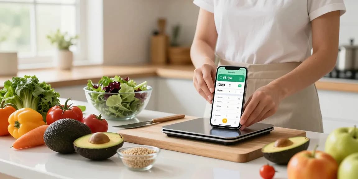 Healthy cooking with the best calorie tracker app visible on a smartphone in a bright kitchen.