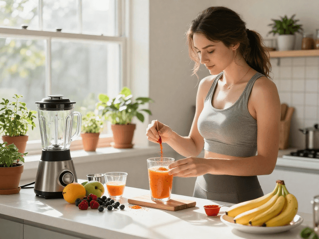 Preparing a healthy smoothie with astaxanthin supplement Canada in a bright kitchen, surrounded by fresh fruits.