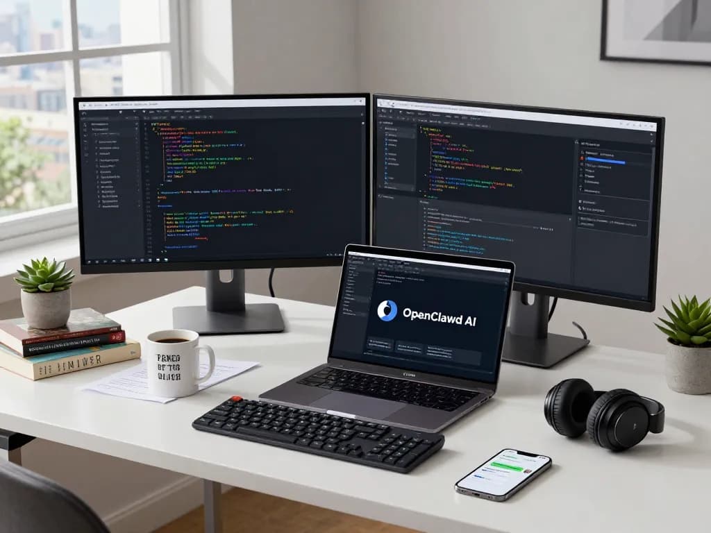 OpenClawd AI setup in a stylish modern workspace with dual monitors and coding software.