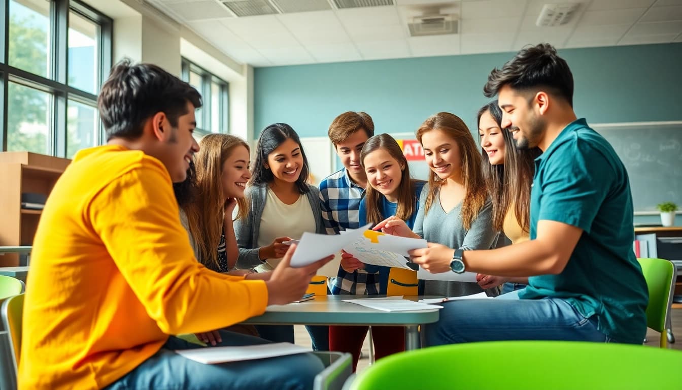 Students discussing club ideas for high school in a bright classroom setting.