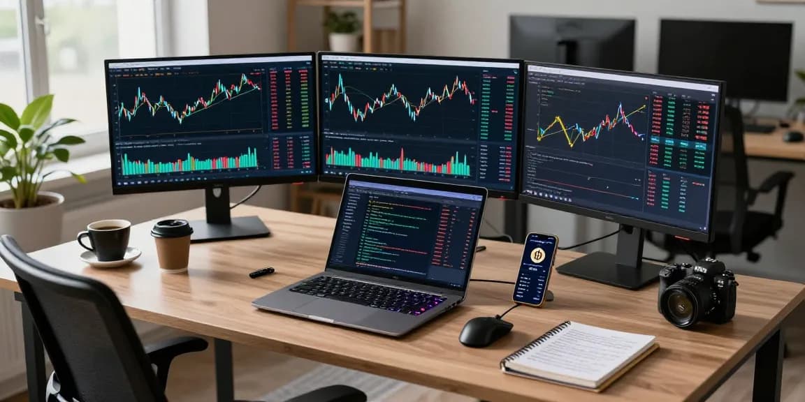 Cricbet cryptocurrency trading workspace with monitors, laptop, and digital wallet interfaces, showcasing advanced trading strategies.