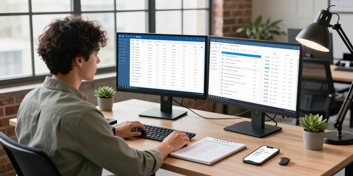 Professional analyzing LLG link indexing metrics in a modern office, showcasing SEO tools and dashboards.