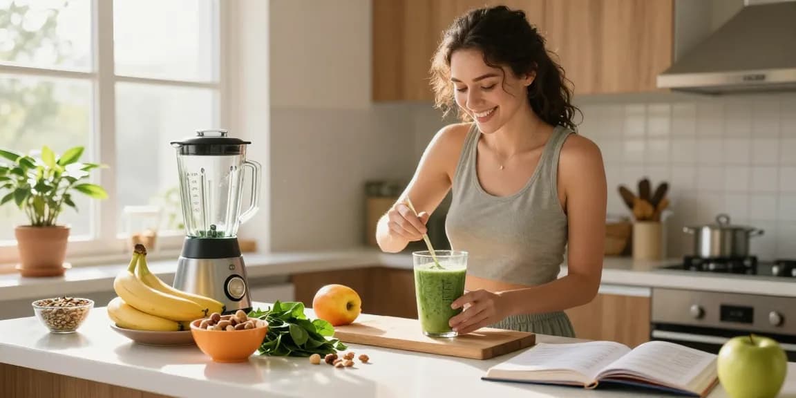 Young woman using the best nutrition tracking app while preparing a healthy smoothie in a bright kitchen.