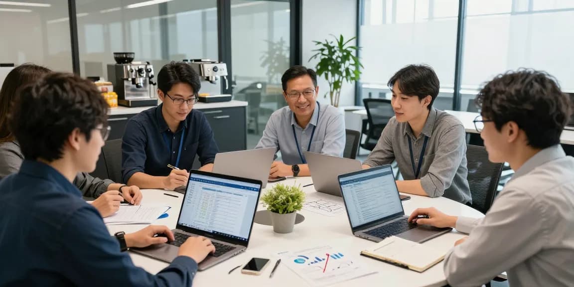 現代のワークスペースでみん社保の財務戦略を議論する共同起業家たち。