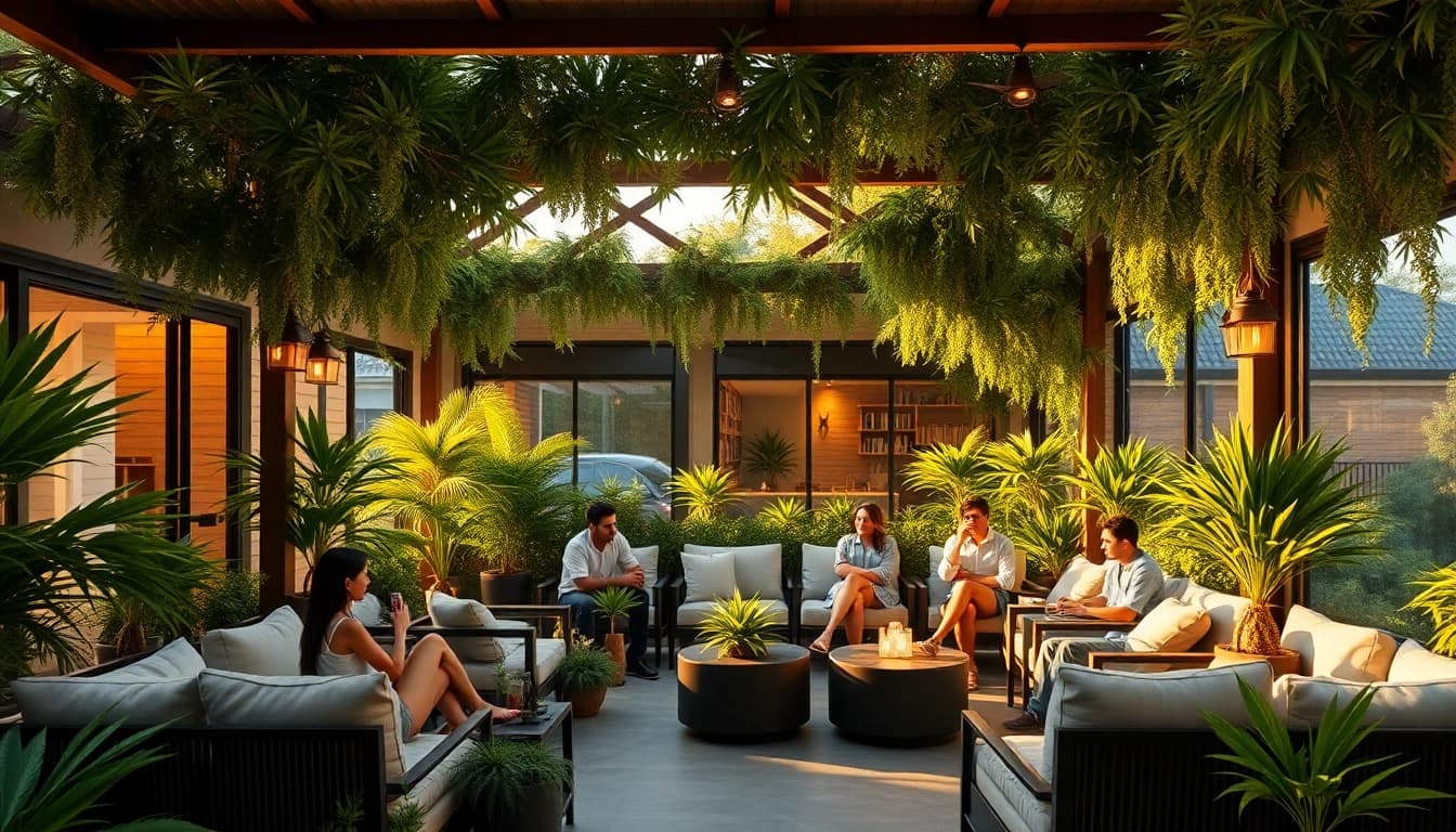 Cannabis Social Club Lloret de Mar inviting outdoor lounge with serene greenery.