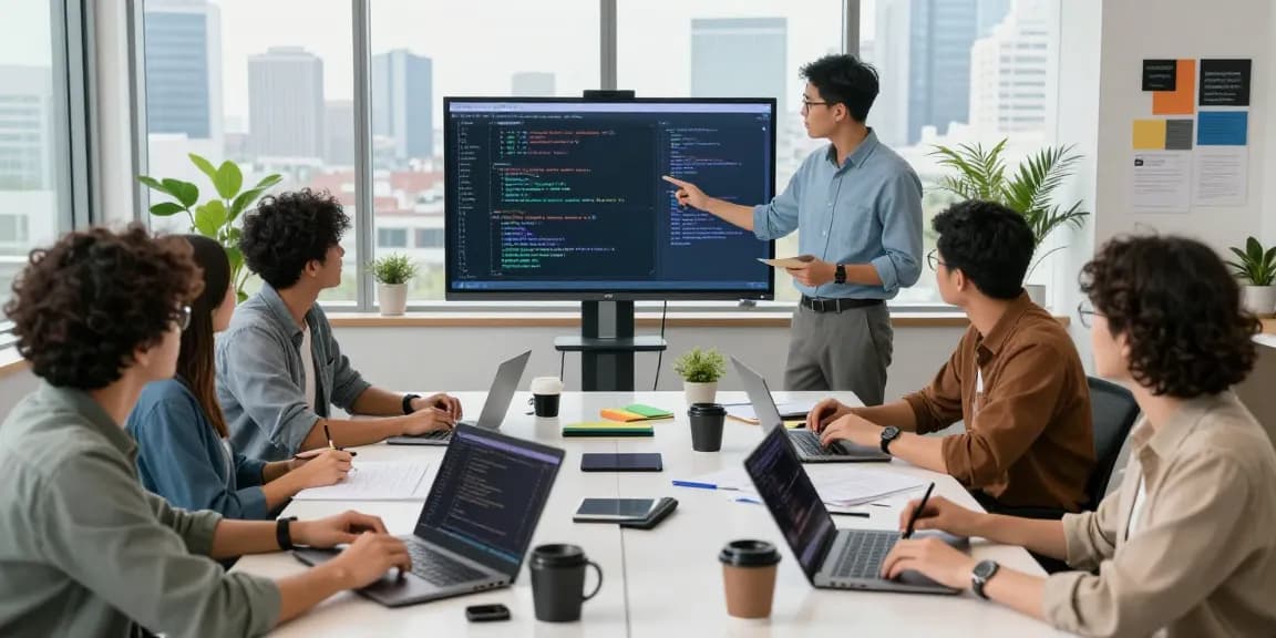 Developers collaborating on telegramin-cn.com coding project in a vibrant workspace.
