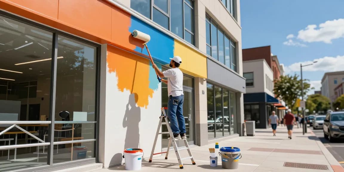 Commercial painters Washington County OR revitalizing a business exterior with vibrant paint on a sunny day.
