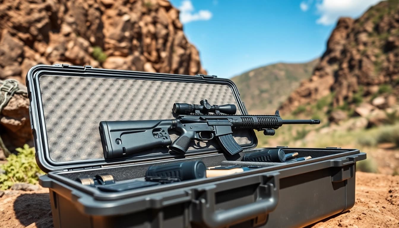 Showcase a pelican gun case for sale with rifle and accessories in an outdoor setting.