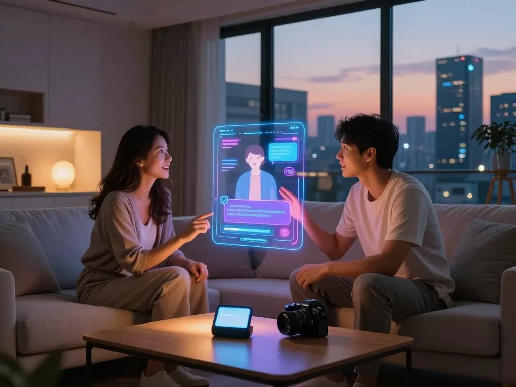 Couple discussing with an AI hologram about ai sex in a cozy living room.
