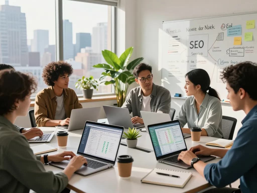 Collaborative team strategizing New York SEO Services in a vibrant office setting.