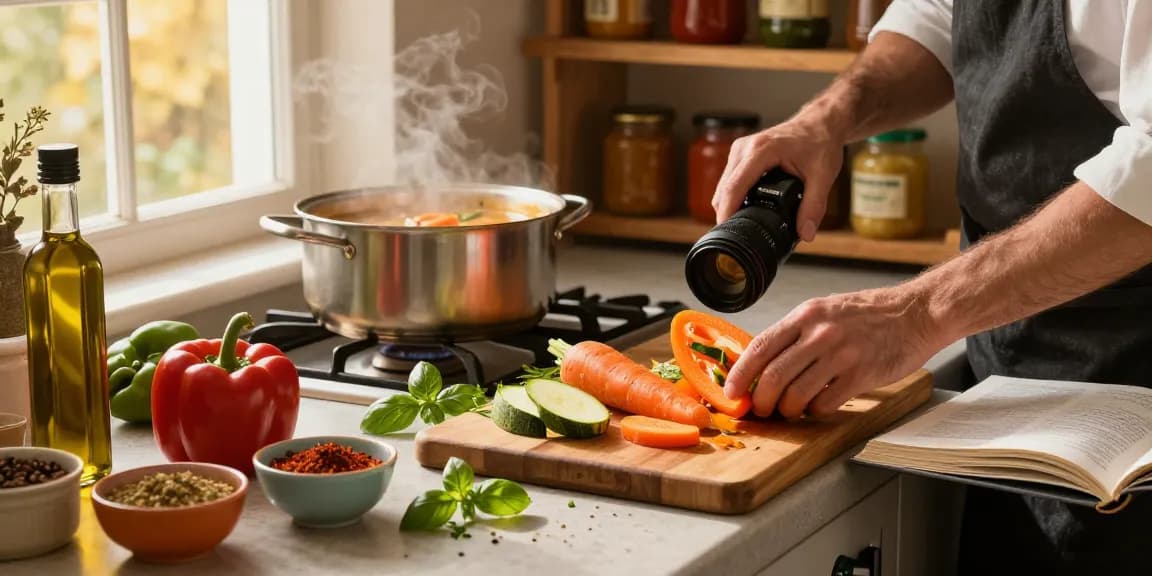 Delikate Zubereitung einer vegetarischen Suppe mit frischen Zutaten und warmer Küchenatmosphäre.