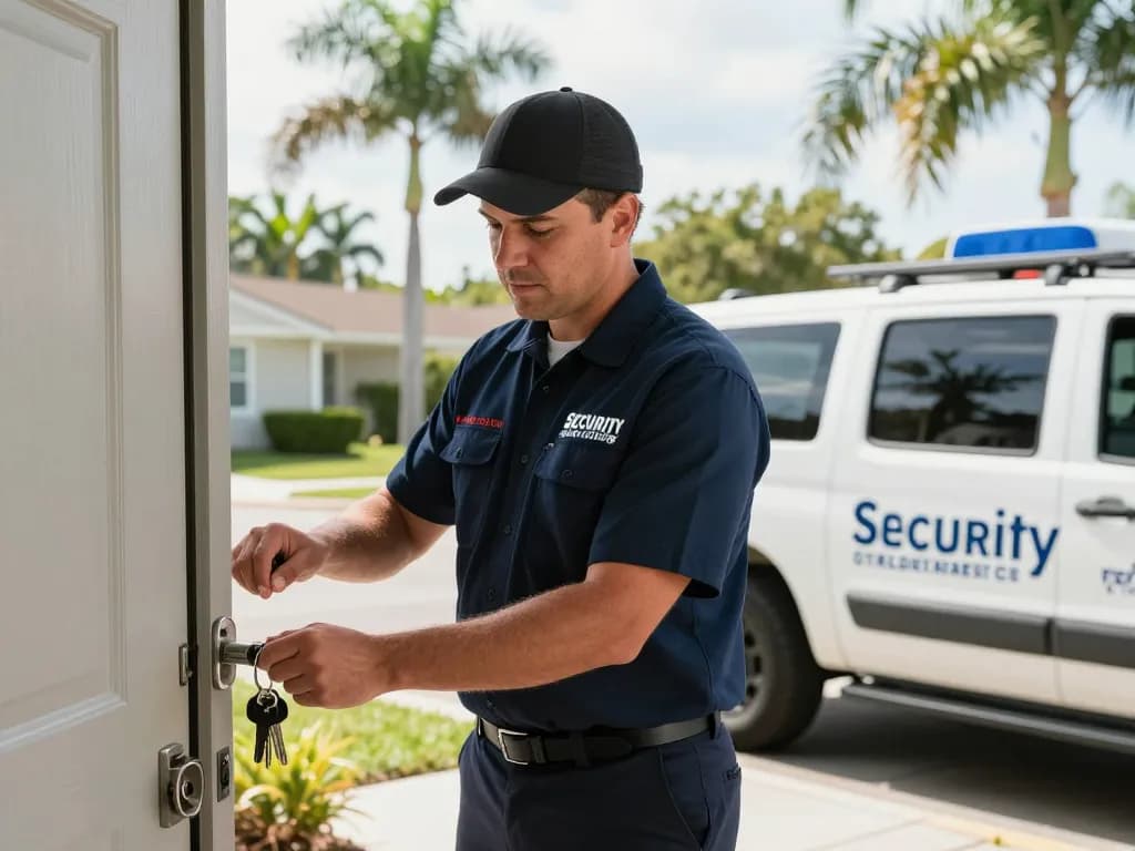 Palm City locksmith services provided by a professional locksmith unlocking a door in a residential area.