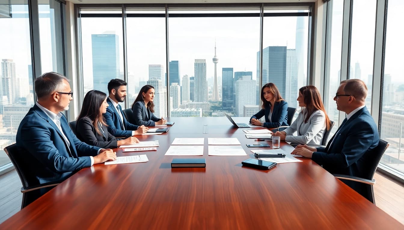 Team discussing contracts and grants at a modern conference table in a professional setting.