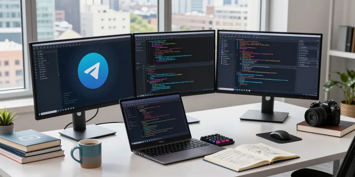 Developer using telegraimin.com on dual monitors in a modern workspace, highlighting tech innovation and creativity.