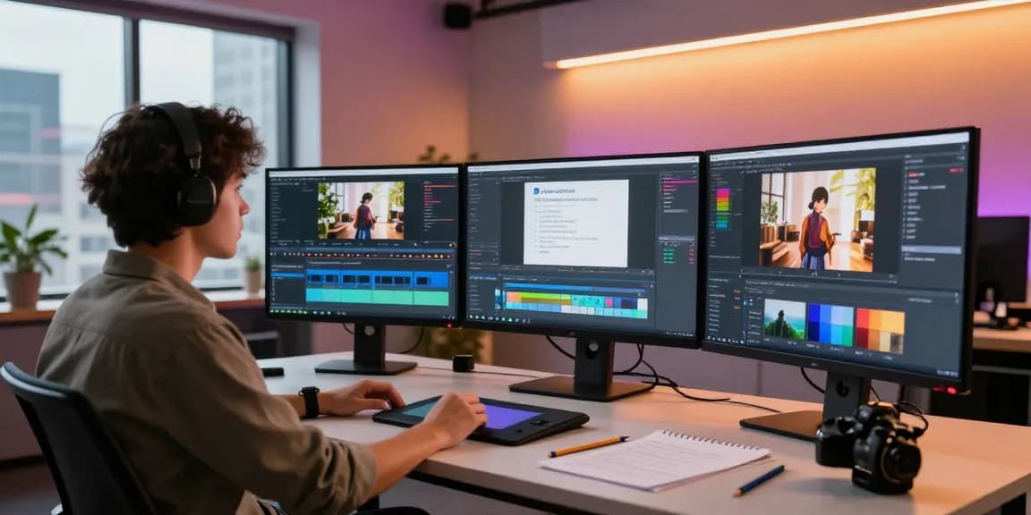Creative professional generating ai video prompts in a modern editing studio with vibrant screens and urban backdrop.