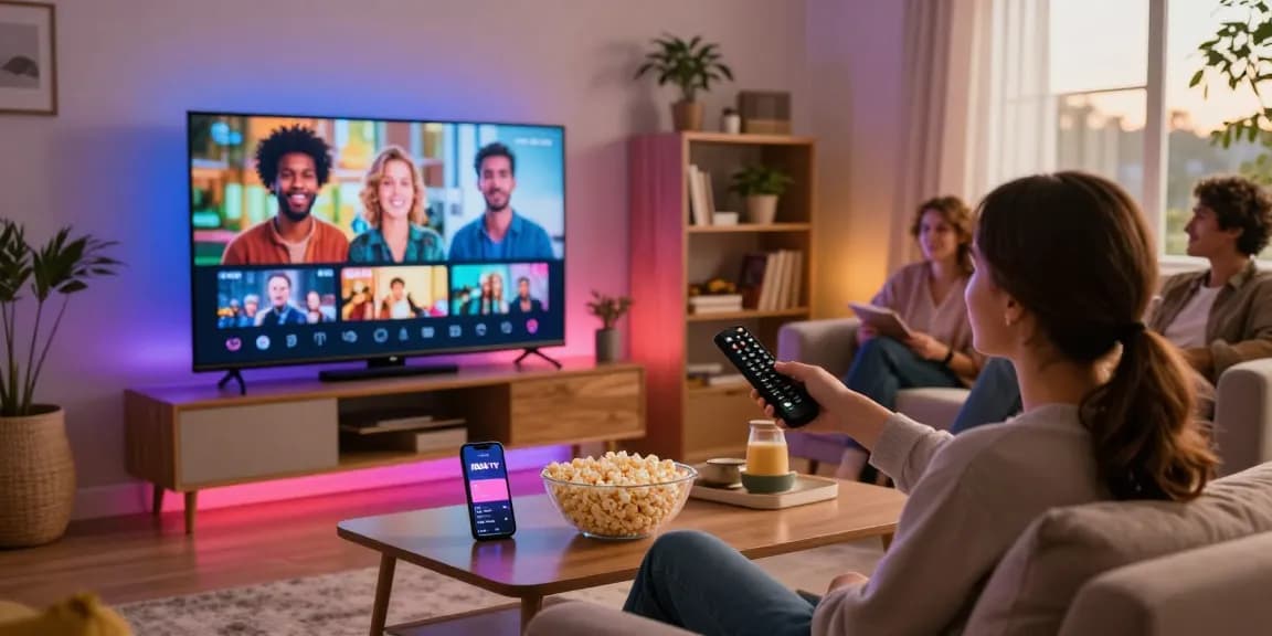 Vision joyeuse avec IRON TV dans un salon moderne, soirée cinéma.