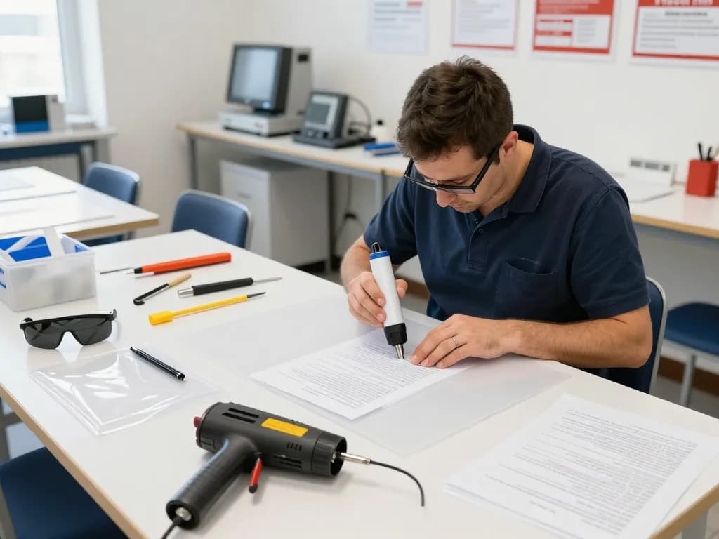 Expert hướng dẫn bóc ép plastic in a restoration workshop showing document care.