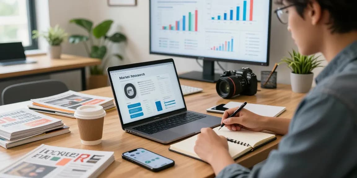 Focused entrepreneur researching how to find profitable niches online in a vibrant coworking space, showcasing market trends and productivity tools.