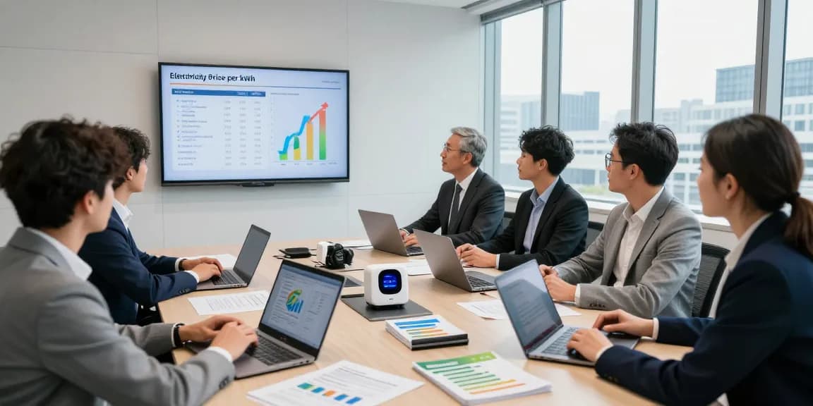 Team strategizing on uk electricity price per kwh 2026 in a modern conference room, analyzing energy data.