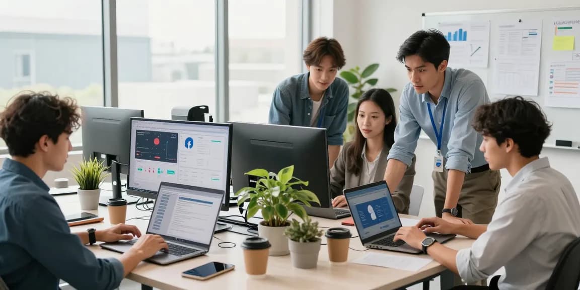 facebook ad agency accounts collaboration scene in a modern workspace