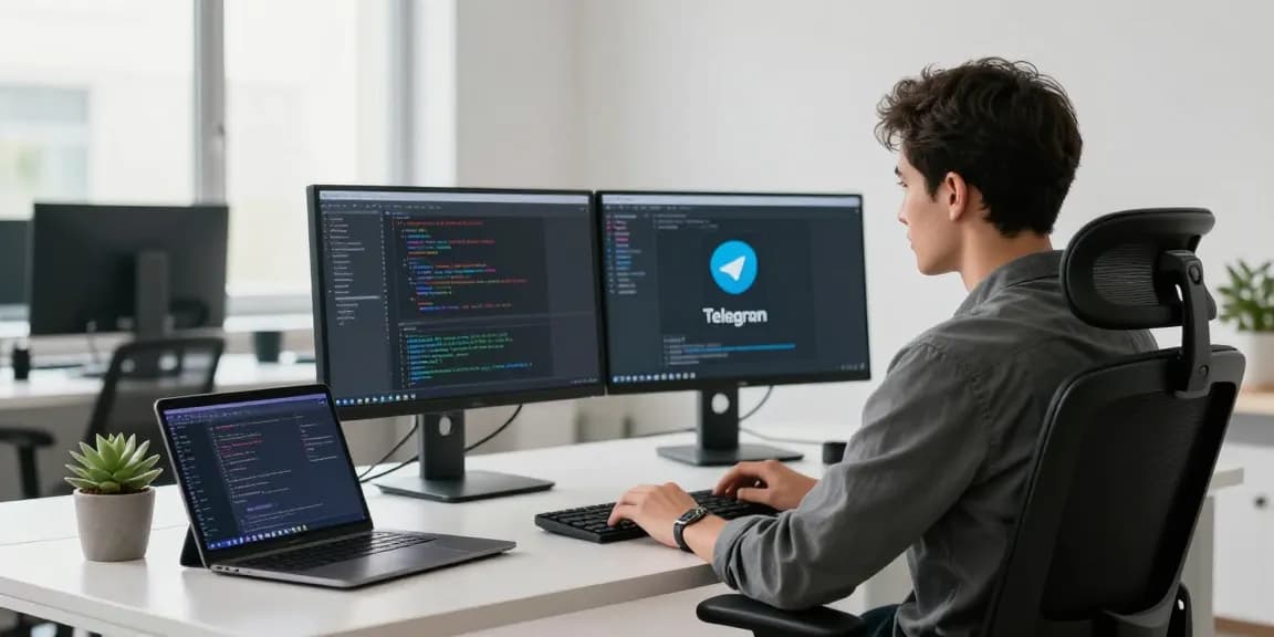 Developer coding the 纸飞机中文版 application in a sleek modern workspace with dual monitors and natural light.