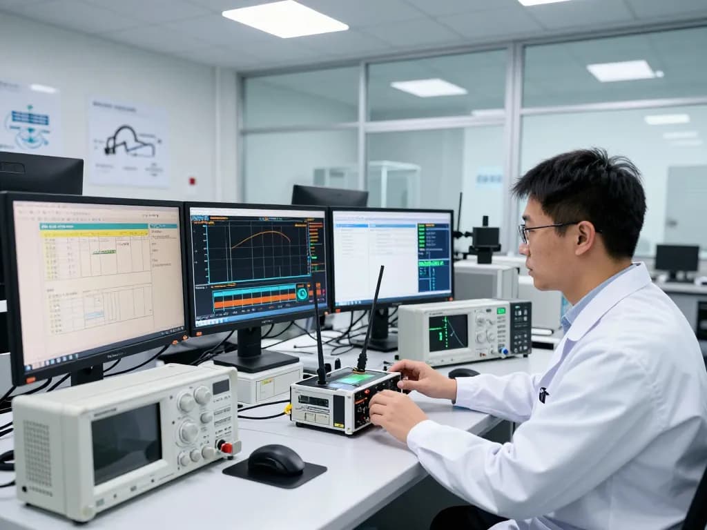 Wireless testing in a modern lab with expert engineer using advanced equipment.