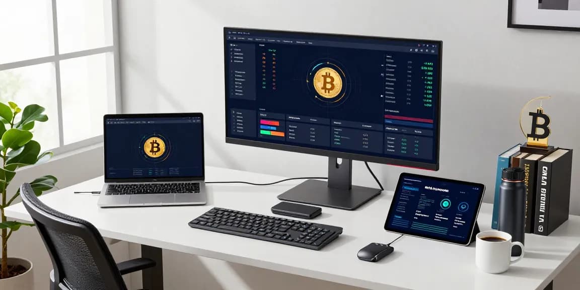 Bitcoin mining service analysis in modern tech workspace with screens showing cryptocurrency data and charts.
