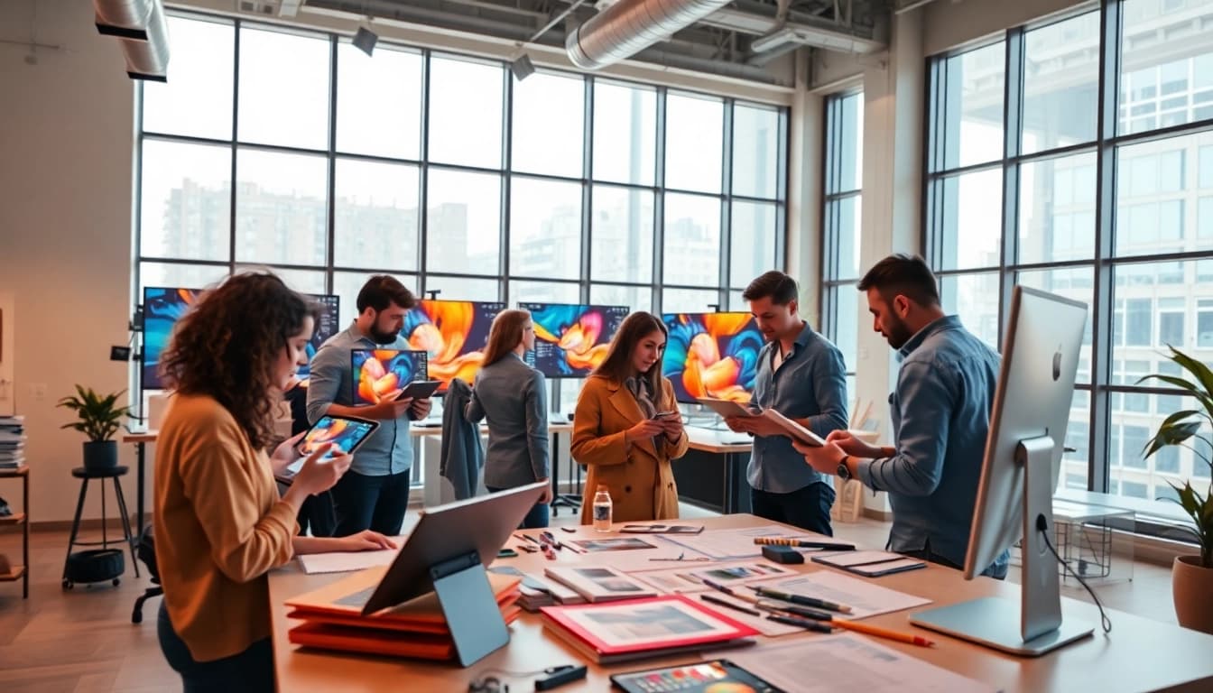 Collaboration among graphic designers at https://bestdesignersintheworld.com/ studio with colorful designs.