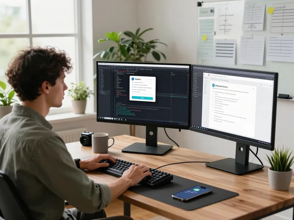 Moltbot in action on developer's desk with coding monitors and tech gadgets in a bright home office.