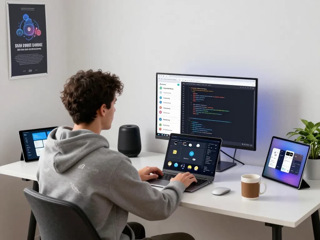 Developer using Clawdbot in a modern tech workspace with multiple chat apps open.