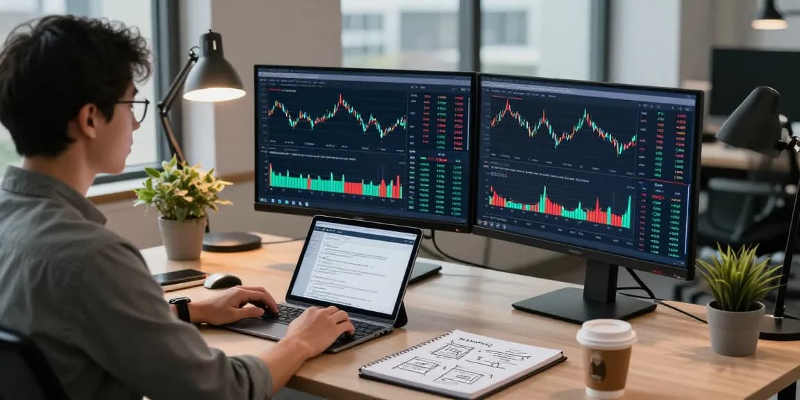 Developer utilizing the US stock fundamental data API in a modern fintech workspace, analyzing real-time stock market trends and financial data.