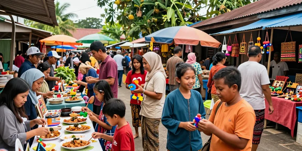 Suasana pasar lokal Leci123 dengan berbagai aktivitas masyarakat Indonesia.