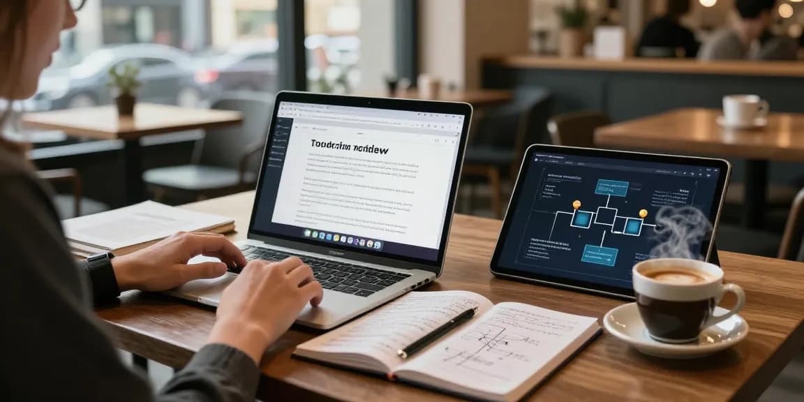 Cozy coffee shop scene with crypto study materials showcasing ifps, blockchain notes, MacBook, and digital wallet.