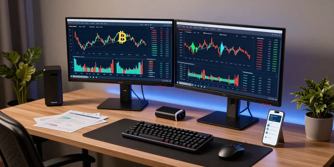 Profitable cloud mining platform in action with crypto trading tools and technology in a modern workspace setting.