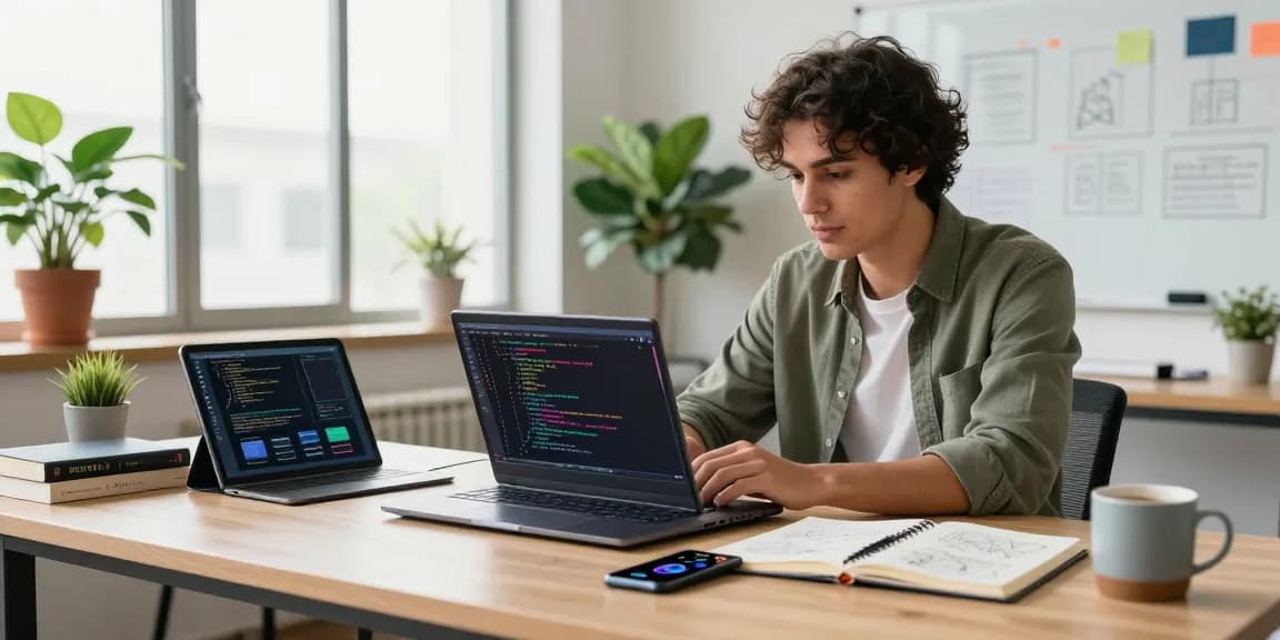Developer coding on laptop in a vibrant workspace, showcasing bdtjl technology innovations and collaborative environment.
