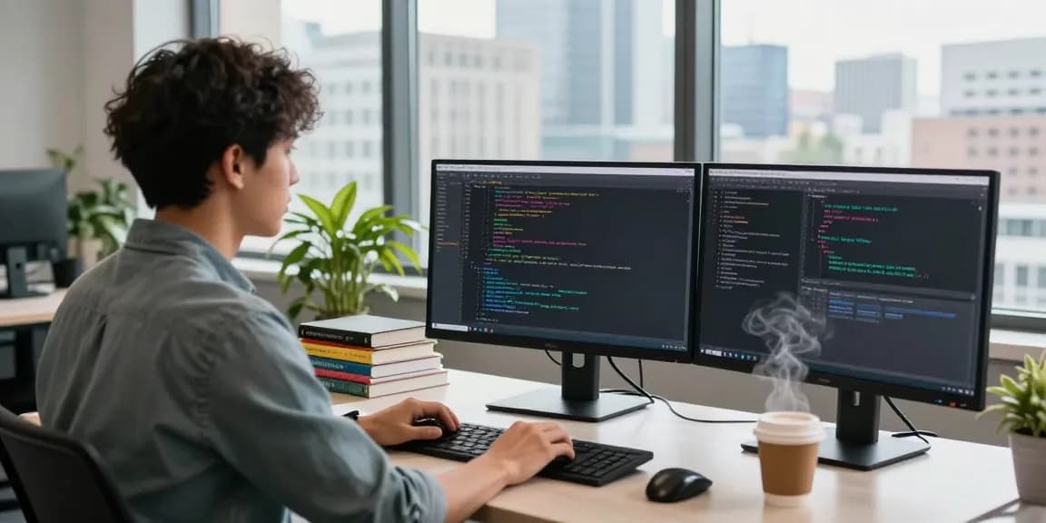Developer coding in a modern workspace with 案例印刷, showcasing a dynamic tech environment.