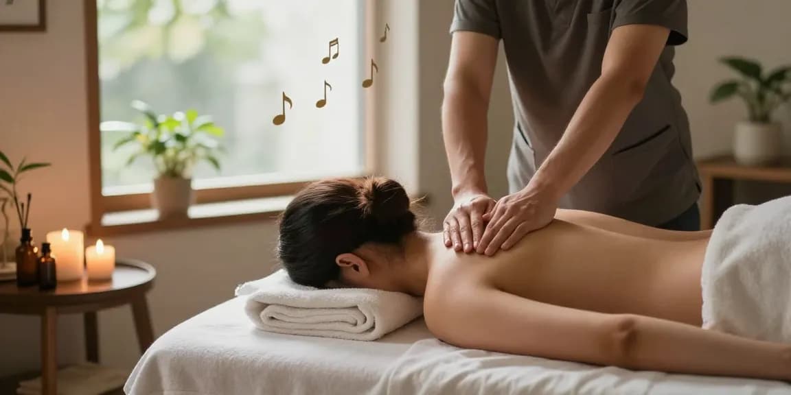 금천구출장안마을 위한 편안한 홈 스파 마사지 장면, 아로마 캔들과 부드러운 수건으로 둘러싸인 모습.