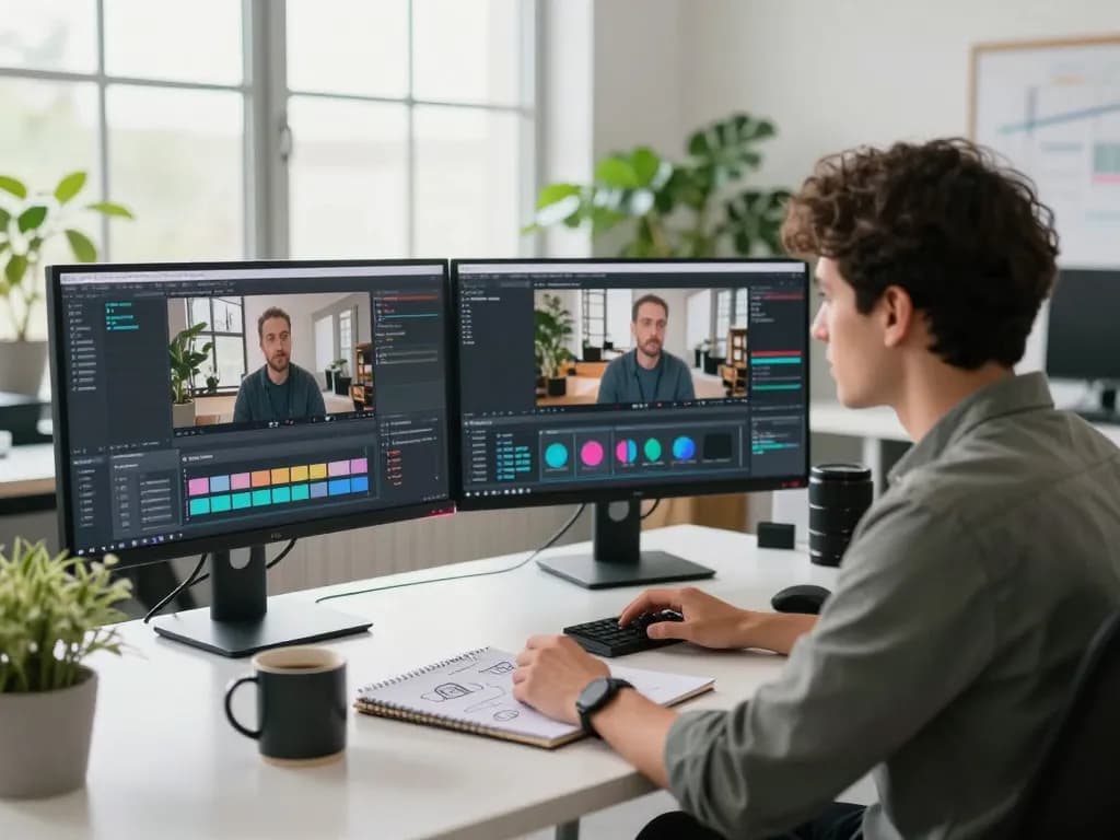 Professional workspace showcasing video to prompt ai analysis with detailed descriptions and original footage.