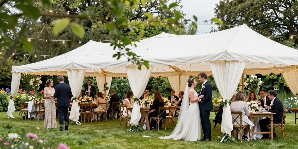 Stunning outdoor wedding marquee hire London setup with guests enjoying a summer celebration.