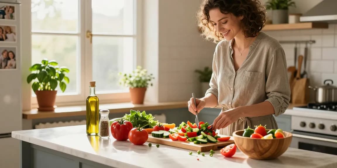 Delicious preparation scene in a cozy kitchen where you can see more details about fresh salad ingredients and cooking atmosphere.