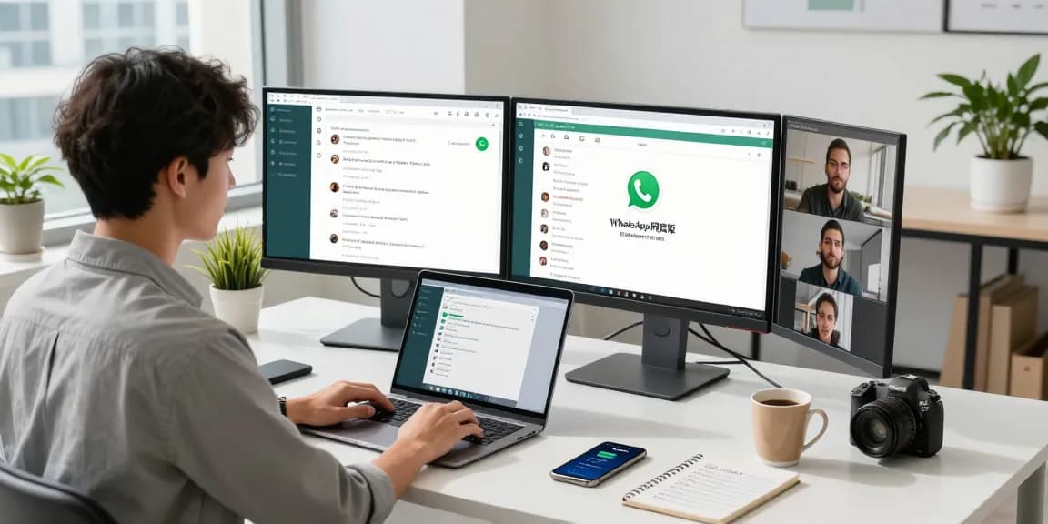 Professional using WhatsApp網頁版 on dual monitors in a modern office environment.