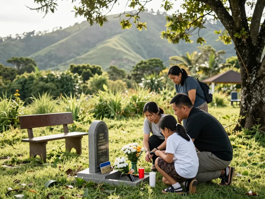 Jasa pemakaman jogja at a serene memorial park, family honoring a loved one among lush green scenery.