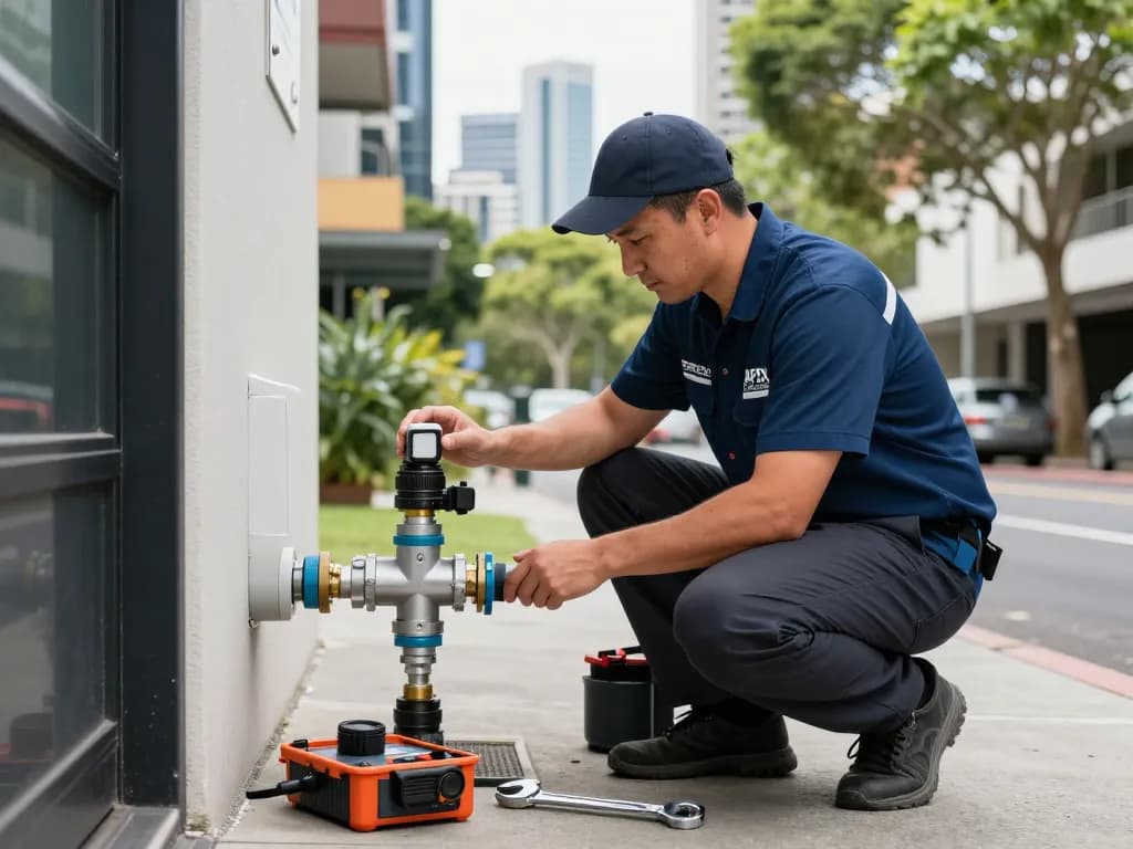 Backflow prevention Sydney service by licensed plumber inspecting device at a commercial property.